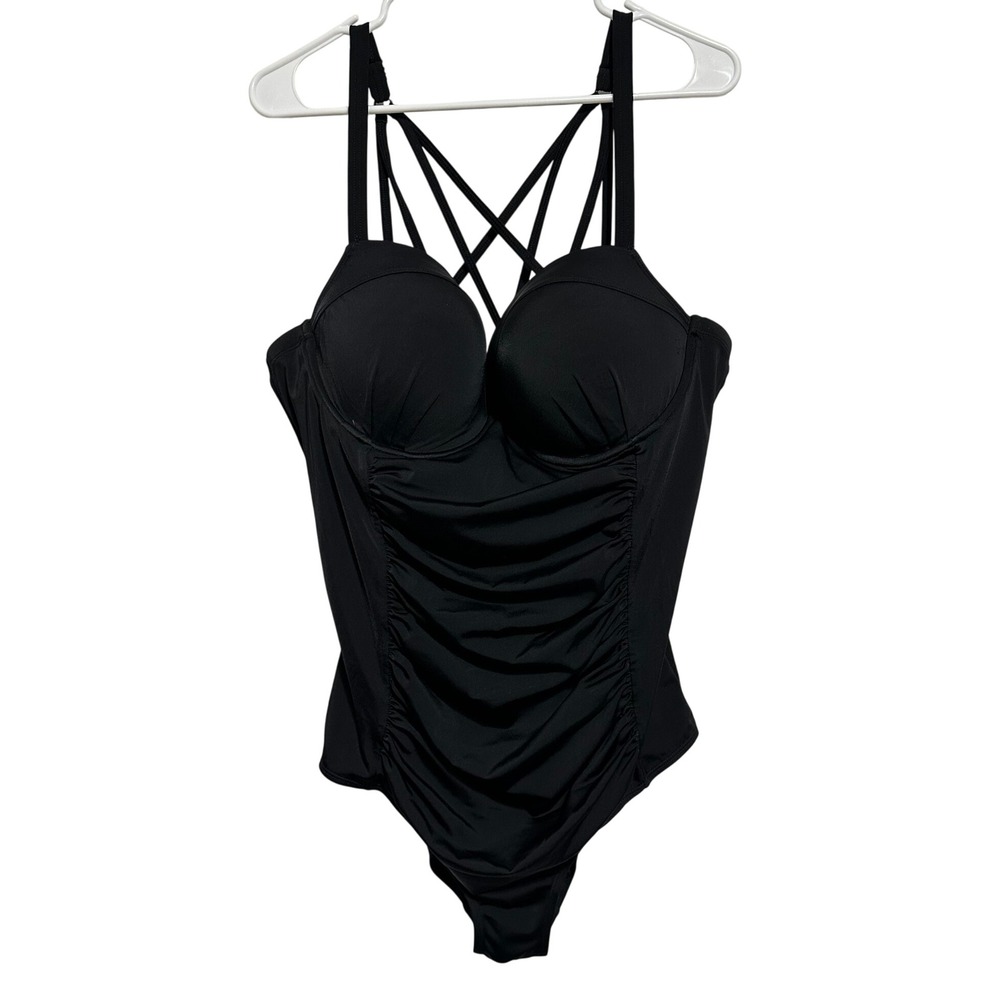 Torrid One Piece Swimsuit Womens 2 D/DD Black Ruched Underwire Cage Strappy